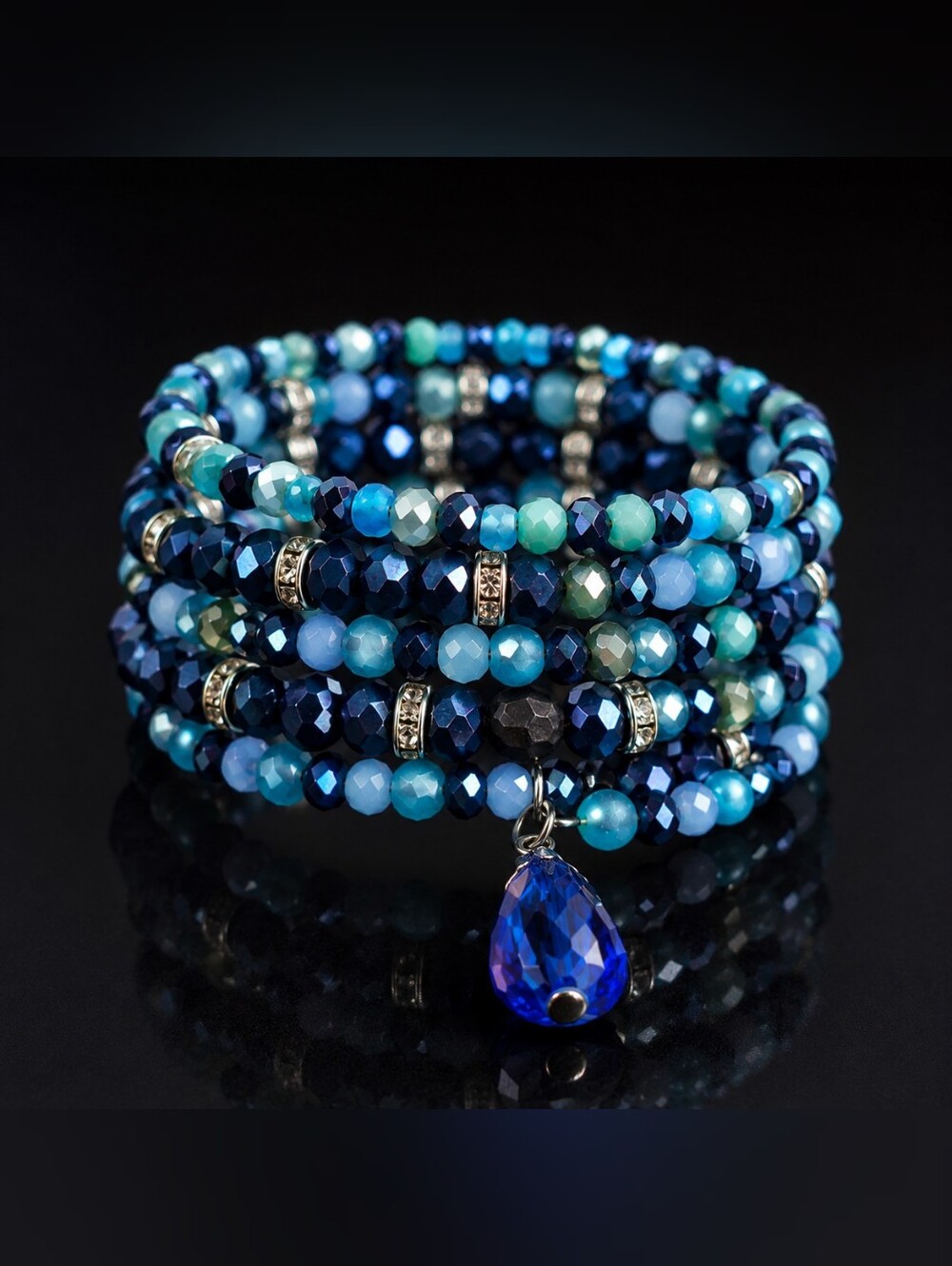 Beaded Wrap Bracelet with Blue Teardrop Charm Hand Crafted